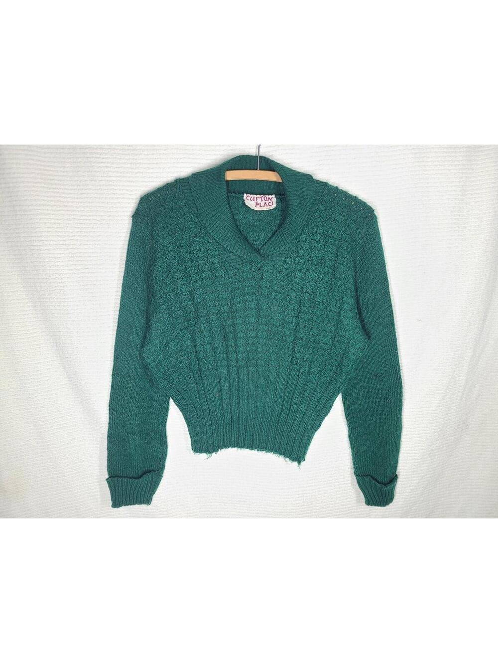 Vtg 70s Sweater Deep Green Rib Knit Clifton Place Retro Disco Shawl Collar Small